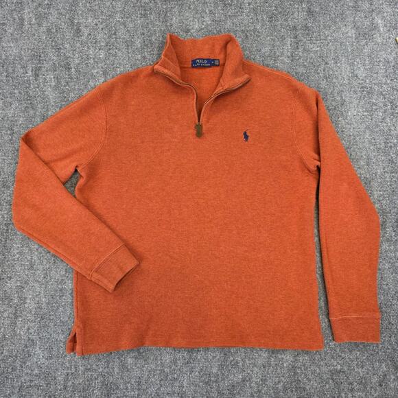 Polo Ralph Lauren Sweater Mens Medium Orange 1/4 Zip Cotton Knit Pullover Preppy - Picture 1 of 16